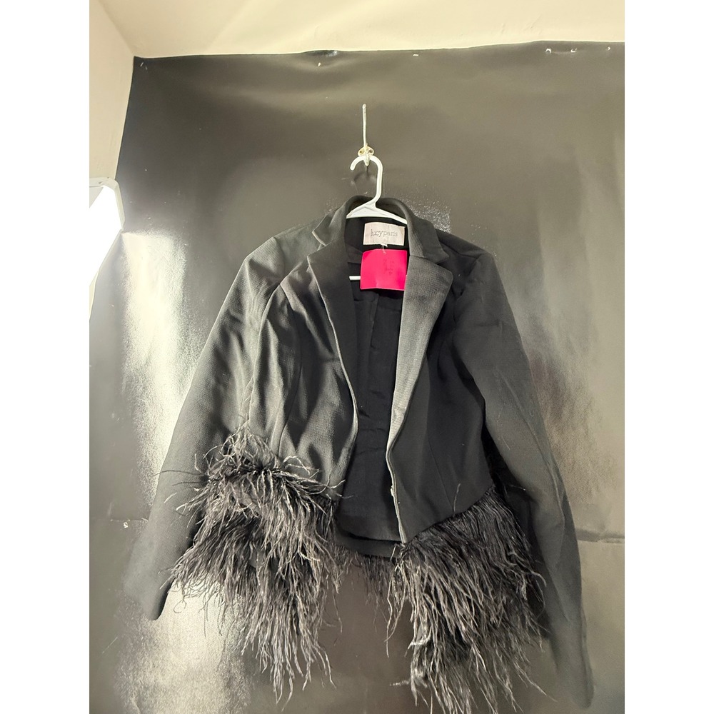 Lucy Paris Black Feather Trim Cropped Blazer Jacket Womens Size XS New‎